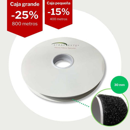 cinatex 30 mm / Bucle / Caja pequeña CAJA - Cinta tipo velcro adhesivo Hotmelt Pro StrapRyte® - NEGRO